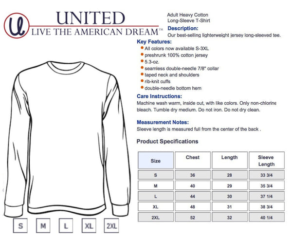 United Tees Size Chart- Long Sleeve T-Shirt