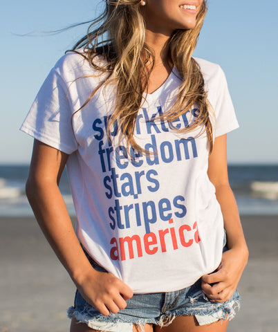 Sparklers, Freedom, Stars, Stripes, America VNeck