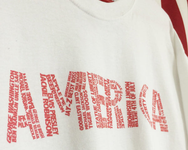 America shirt with words making up America. United tees