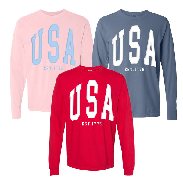 'USA' Puff Design Long Sleeve T-Shirt