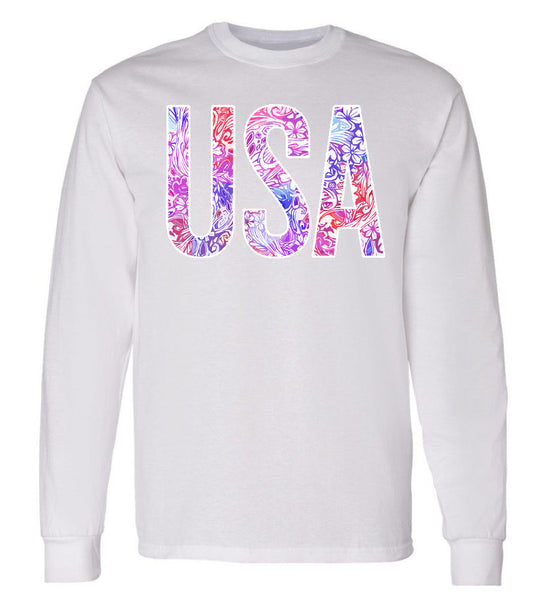 USA Floral Pattern Preppy White Long Sleeve