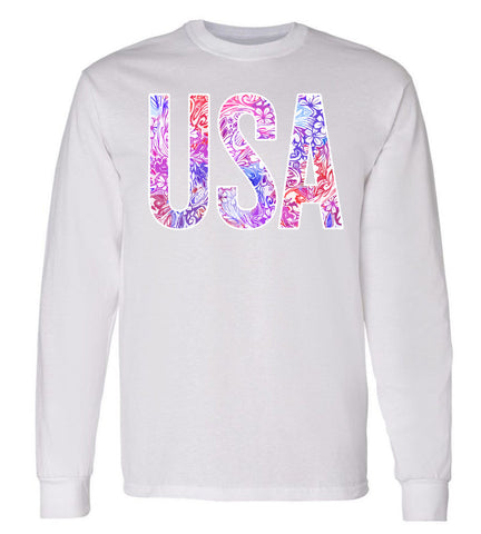USA Floral Pattern Preppy White Long Sleeve